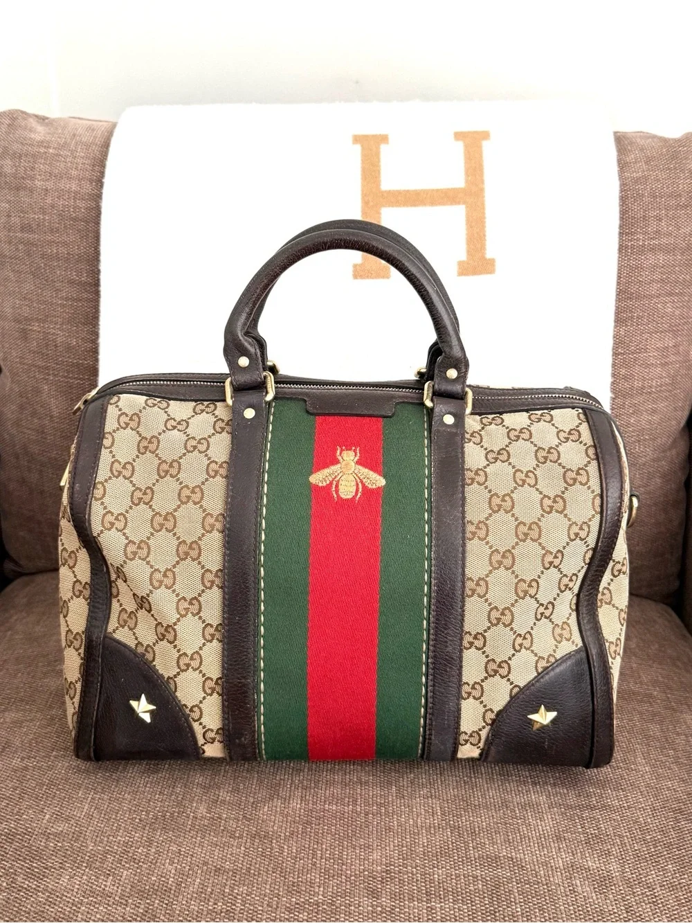 Authentic Gucci brown monogram canvas Boston satchel bag red green accents